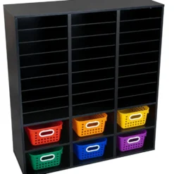 Black 27-Slot Mail And Supplies Center With 6 Cubbies And Baskets 6 Colors
