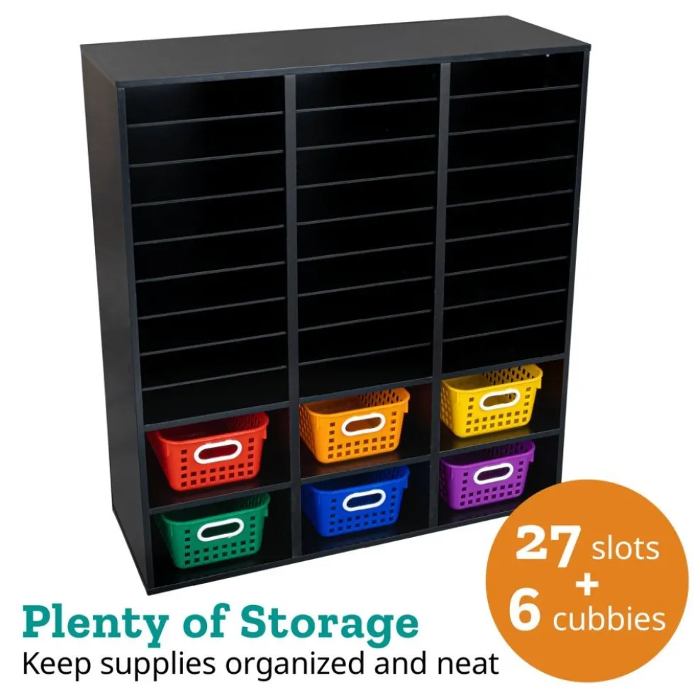 Black 27-Slot Mail And Supplies Center With 6 Cubbies And Baskets 6 Colors