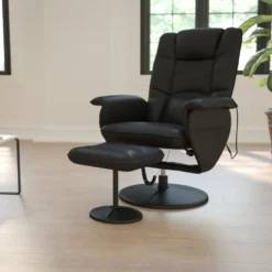 Cason Massaging Adjustable Recliner with Deep Side Pockets and Ottoman with Wrapped Base in Black LeatherSoft