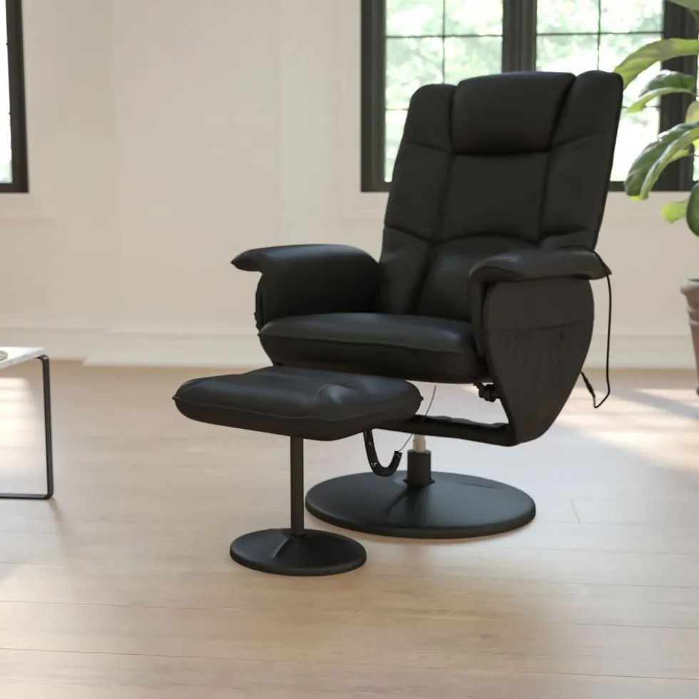Cason Massaging Adjustable Recliner with Deep Side Pockets and Ottoman with Wrapped Base in Black LeatherSoft