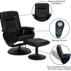 Cason Massaging Adjustable Recliner with Deep Side Pockets and Ottoman with Wrapped Base in Black LeatherSoft
