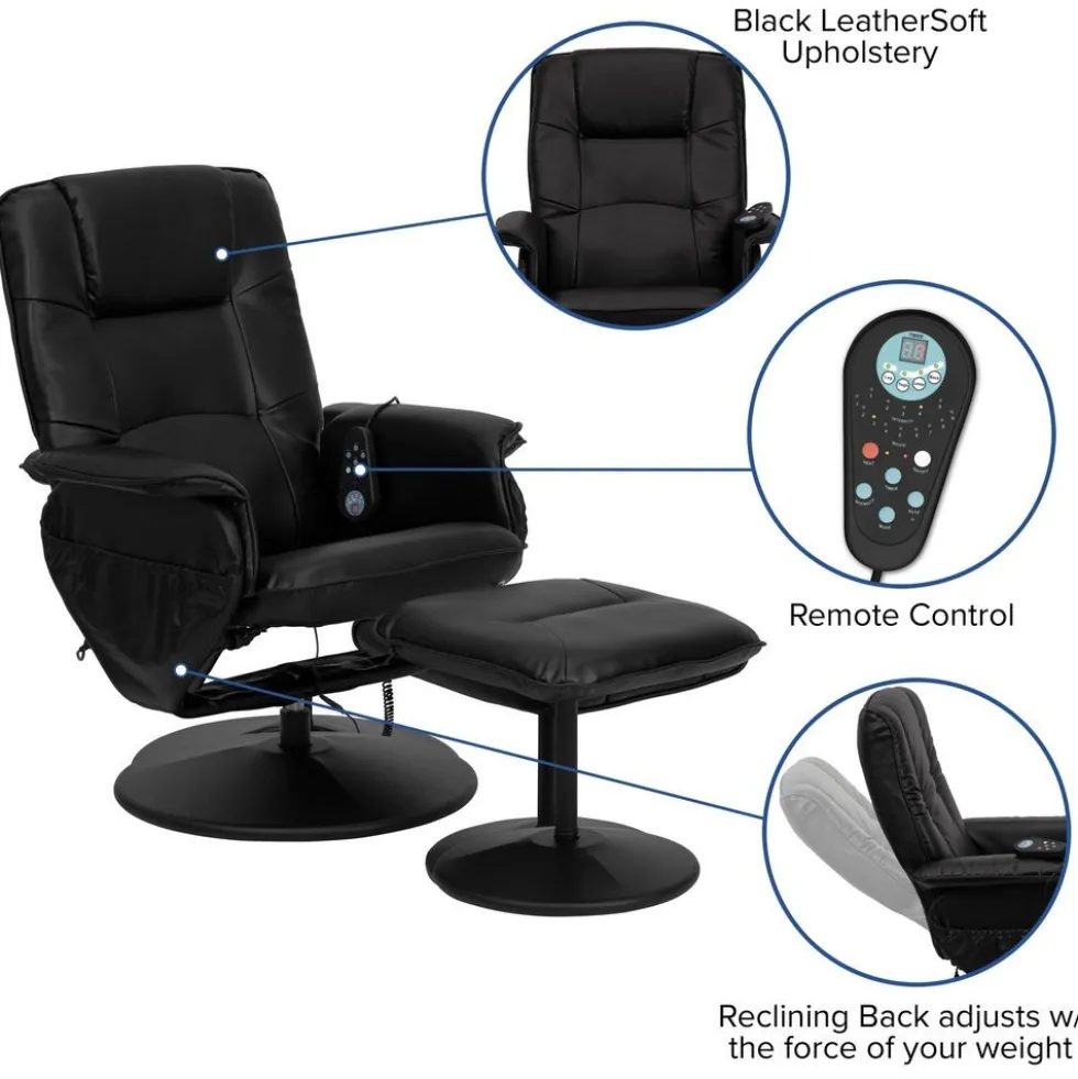 Cason Massaging Adjustable Recliner with Deep Side Pockets and Ottoman with Wrapped Base in Black LeatherSoft