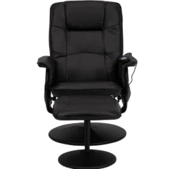 Cason Massaging Adjustable Recliner with Deep Side Pockets and Ottoman with Wrapped Base in Black LeatherSoft