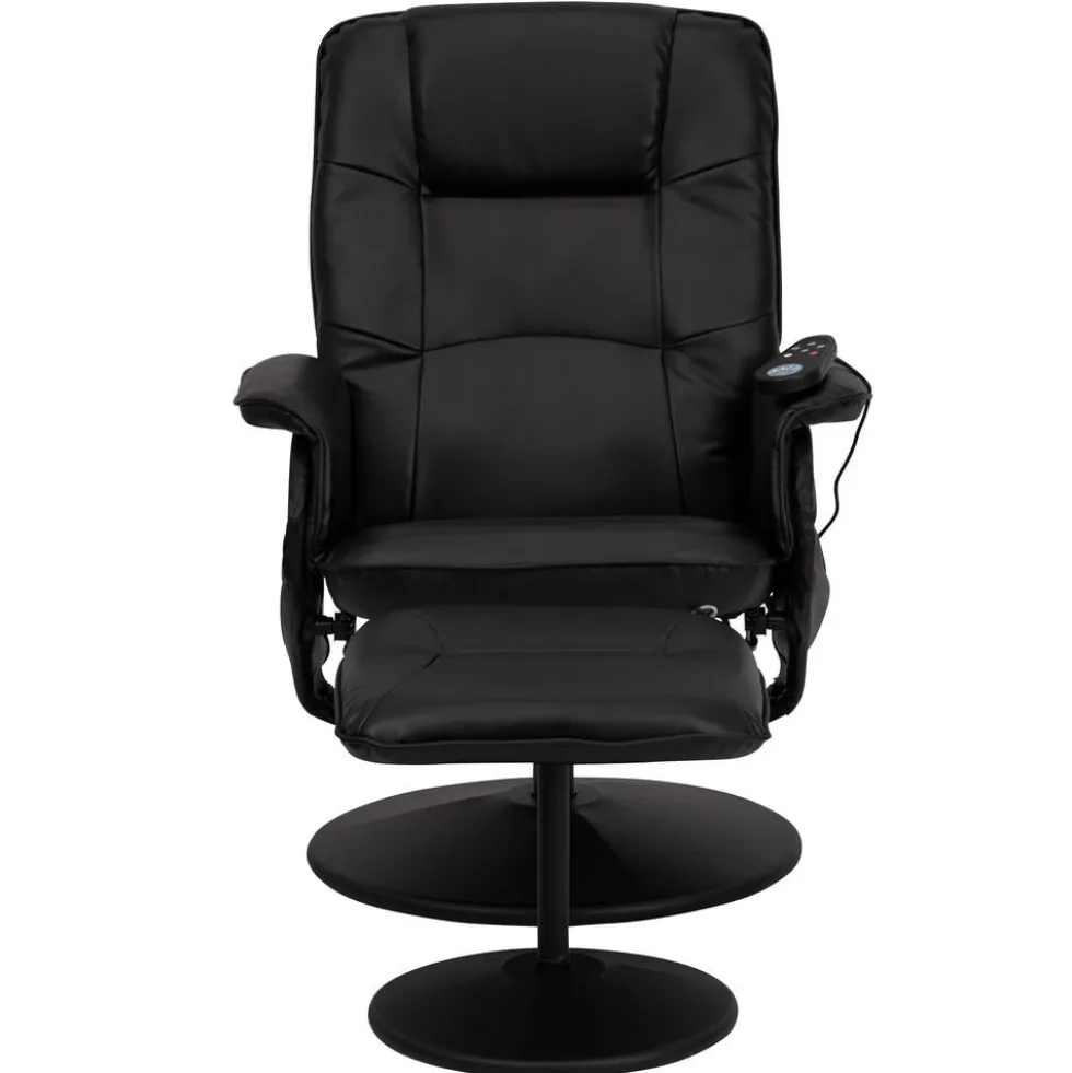 Cason Massaging Adjustable Recliner with Deep Side Pockets and Ottoman with Wrapped Base in Black LeatherSoft