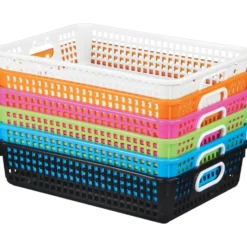 Classroom Paper Baskets with White Handles, Set of 6 - Neon Pop