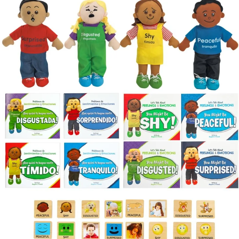 Excellerations® English & Spanish Emotions Books + Dolls + Blocks Kit 2 - 8 books 4 dolls 16 blocks