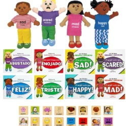 Excellerations® English & Spanish Emotions Books + Dolls and Blocks Kit 1 - 8 books 4 dolls 16 blocks