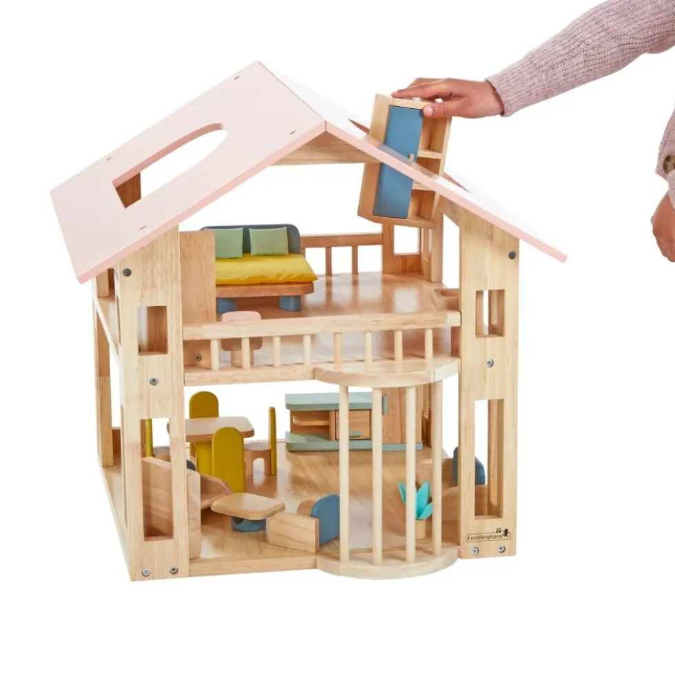 Excellerations® Wooden Deluxe Dollhouse - 28 Pieces - Natural