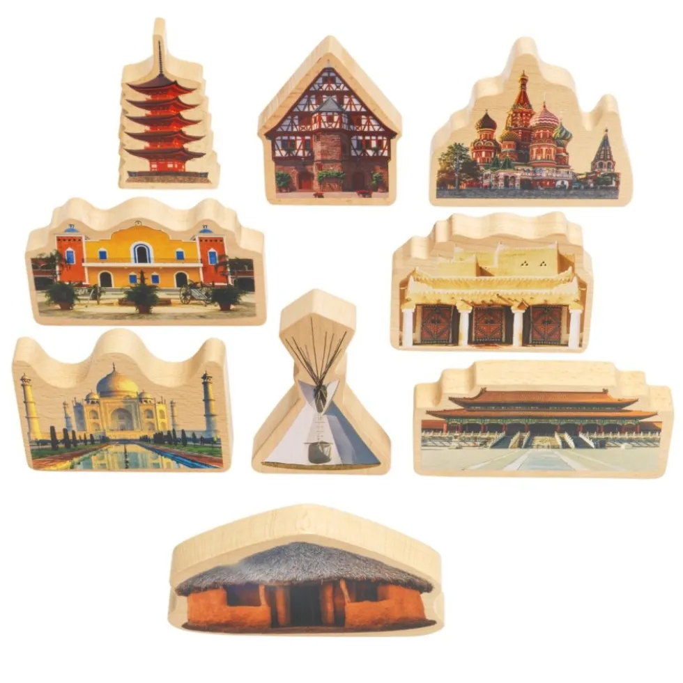Excellerations® Wooden Photo Blocks Around the World Buildings - Set of 9