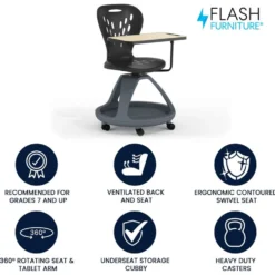 Laikyn Black Mobile Desk Chair with 360 Degree Tablet Rotation and Under Seat Storage Cubby