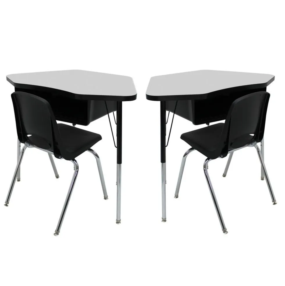 Petal Desk & 12" Stack Chair Set - Gray/Black (2-Pack/4-Piece)