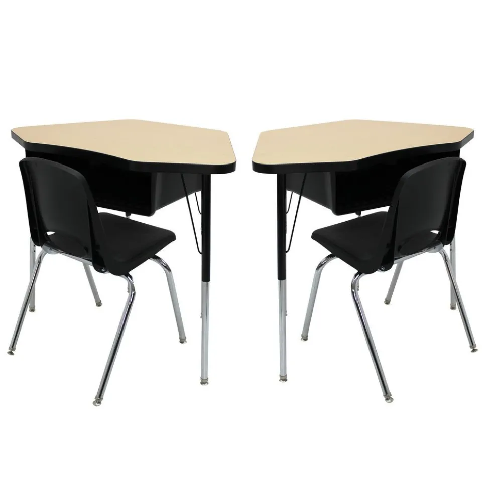 Petal Desk & 14" Stack Chair Set - Maple/Black (2-Pack/4-Piece)