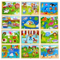 Wooden 16-Piece Puzzle - Set of 12 with Storage Shelf