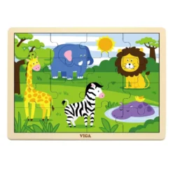 Wooden 16-Piece Puzzle - Set of 12 with Storage Shelf
