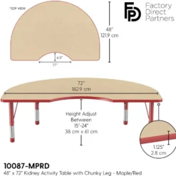 48" x 72" Kidney Activity Table with Adjustable Chunky Legs - Maple/Red