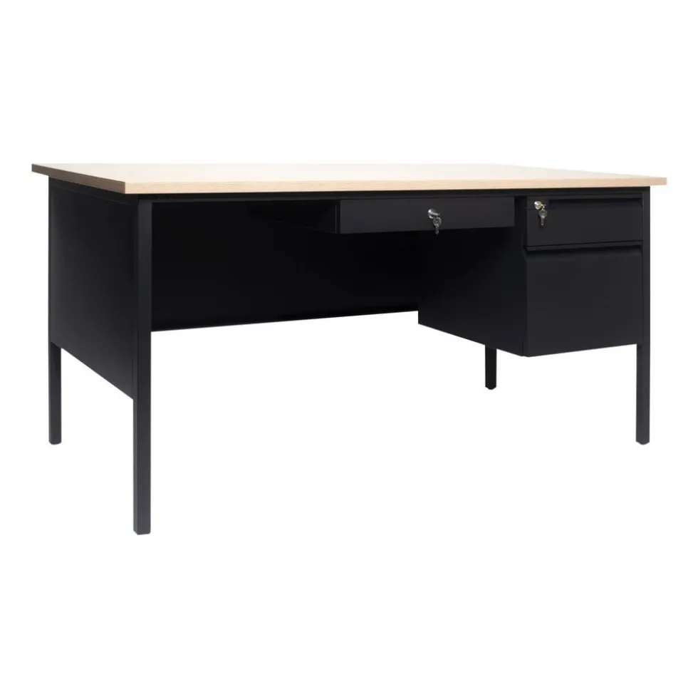 30x60 Right Side Single Pedestal Desk with 3 Locking Drawers, White Oak Top and Black Frame